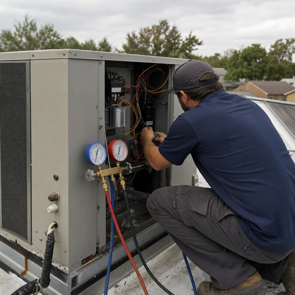 HVAC technician performing professional air conditioning maintenance on a rooftop unit
