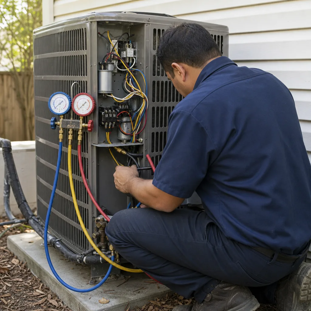 HVAC technician performing professional air conditioning system maintenance and repair