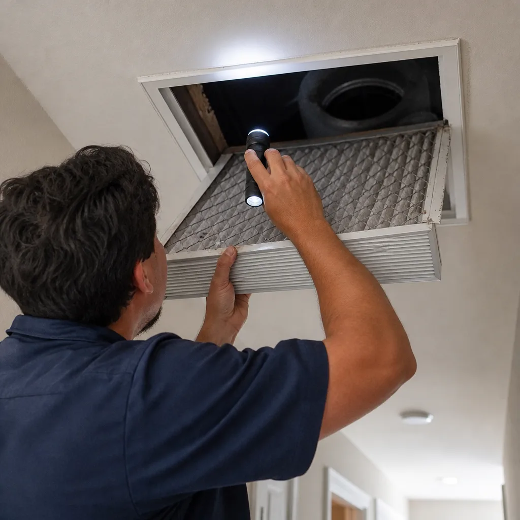 HVAC technician inspecting an air conditioning unit filter in a ceiling