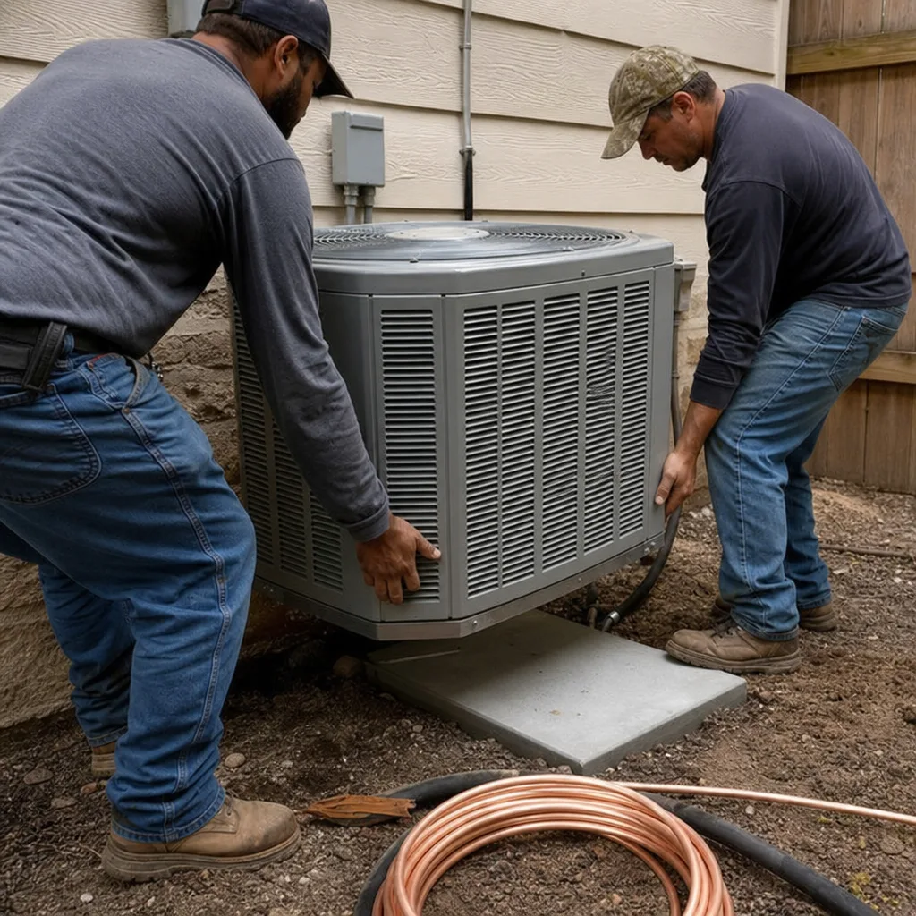 HVAC technicians installing a residential air conditioning unit outside