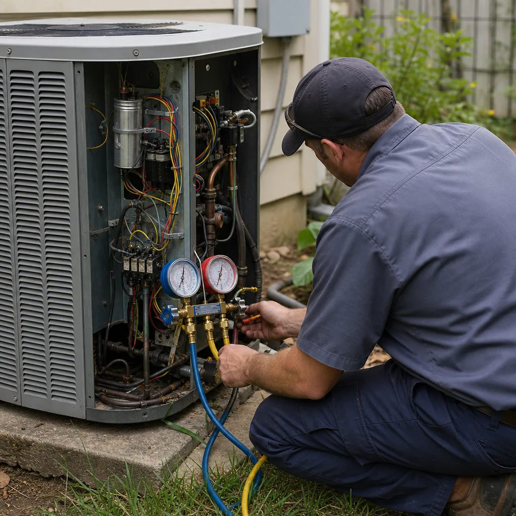HVAC technician performing professional air conditioning repair and maintenance service