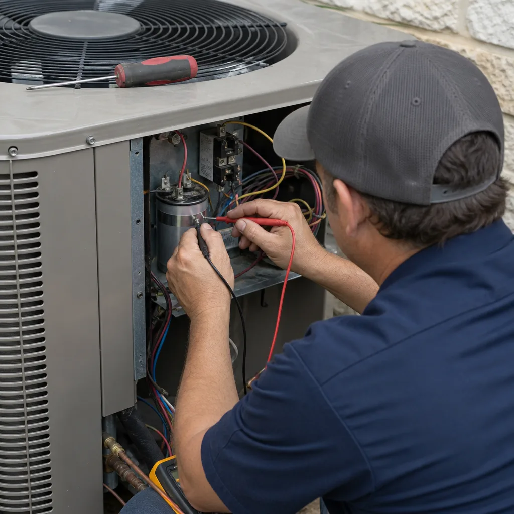 HVAC technician testing an air conditioner capacitor with a multimeter