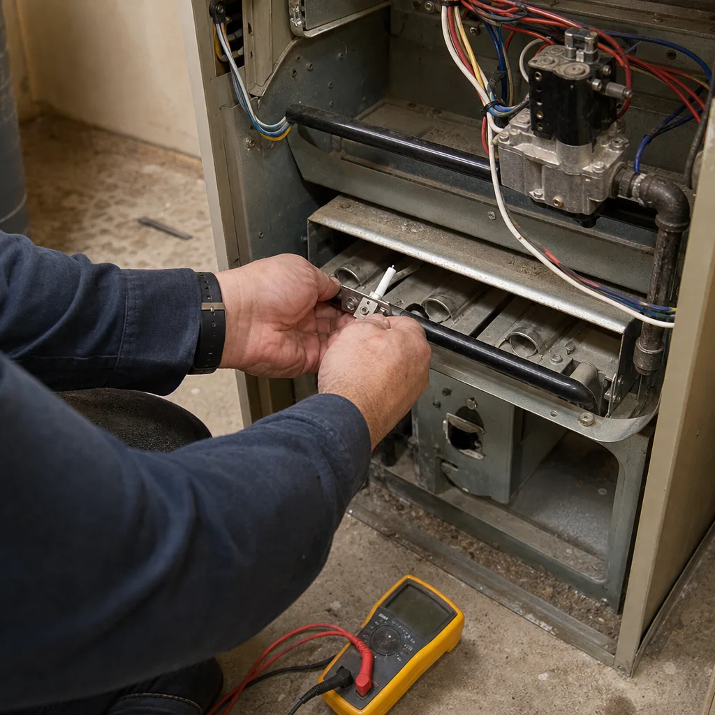 HVAC technician performing a professional furnace repair service