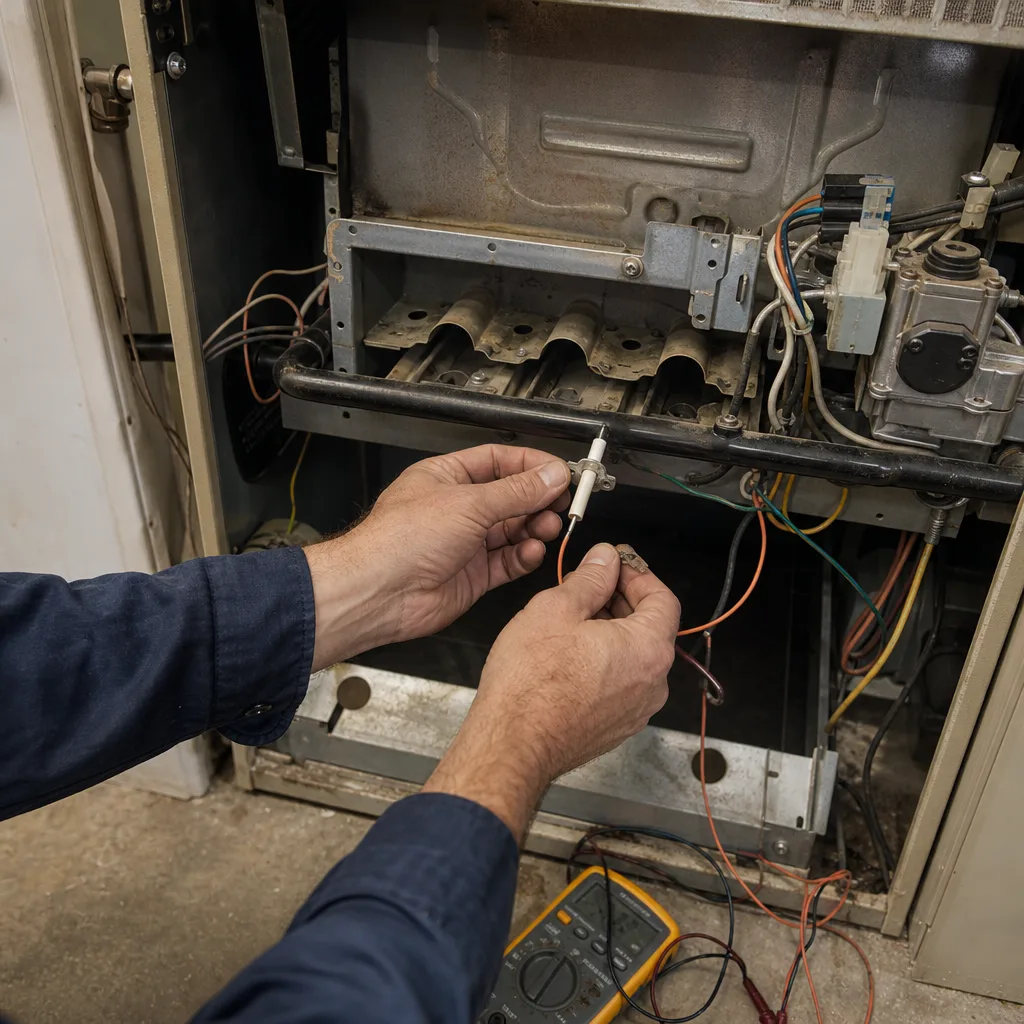 HVAC technician performing a furnace repair on an open heating unit
